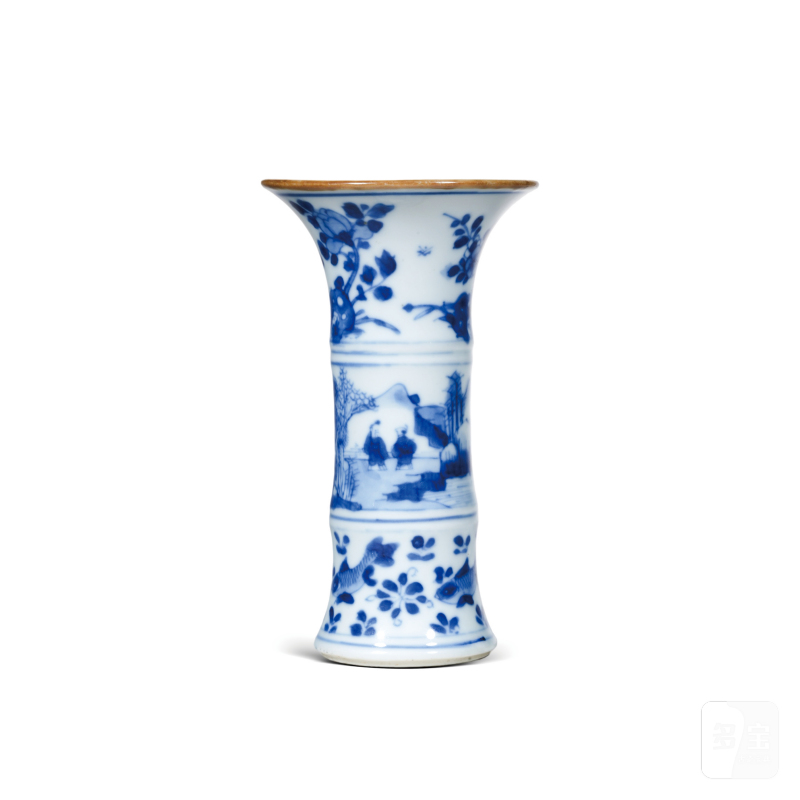 清康熙青花山水人物纹竹节型小花觚 - 图1